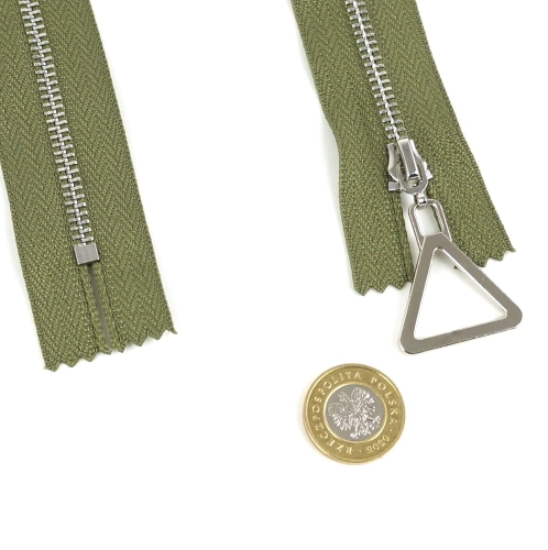 Zamek metalowy 40 cm z suwadłem trójkąt khaki