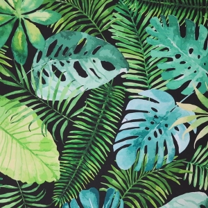 TKANINA WODOODPORNA Liście tropikalne (monstera) na czarnym[6-8]