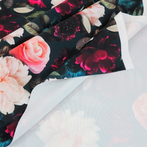 WELUR TAPICERSKI Dzikie róże na ciemnoturkusowym