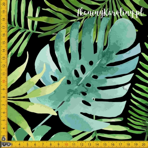 WELUR TAPICERSKI Liście tropikalne (monstera) na czarnym
