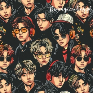 TKANINA WODOODPORNA OXFORD K-POP Chłopcy w czapkach i okularach na czarnym tle [6-8] 