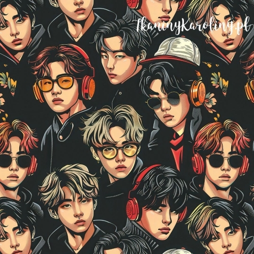 WELUR TAPICERSKI K-POP Chłopcy w czapkach i okularach na czarnym tle