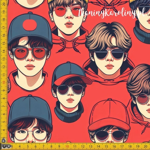 TKANINA WODOODPORNA OXFORD K-POP Chłopcy kolorowi w czapkach i okularach na czerwonym tle