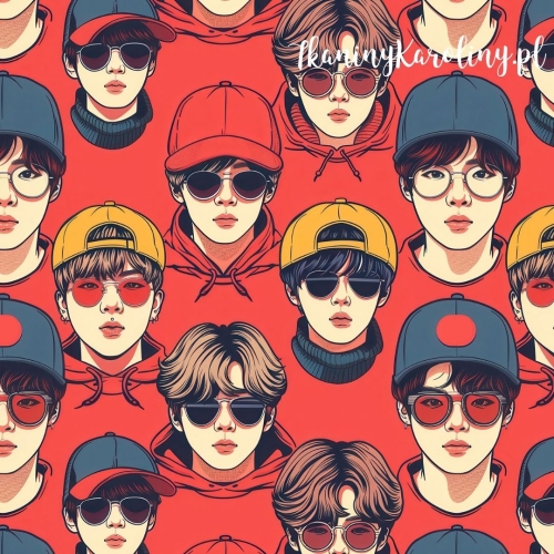 WELUR TAPICERSKI K-POP Chłopcy kolorowi w czapkach i okularach na czerwonym tle
