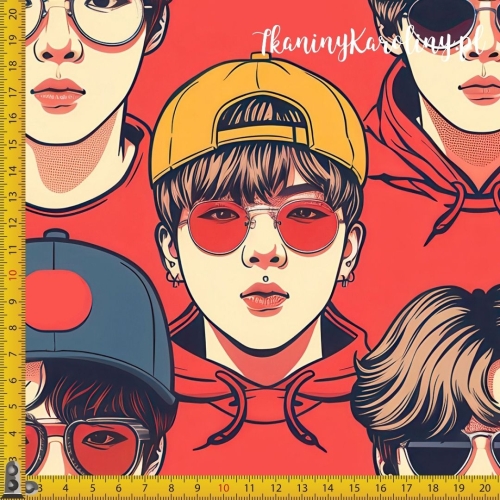 WELUR TAPICERSKI K-POP Chłopcy kolorowi w czapkach i okularach na czerwonym tle