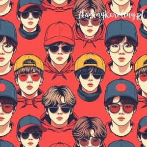 SOFTSHELL WODOODPORNY K-POP Chłopcy kolorowi w czapkach i okularach na czerwonym tle [6-8]