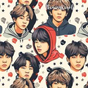 WELUR TAPICERSKI K-POP Chłopcy w czerwonych kapturach na jasnym tle [6-8]