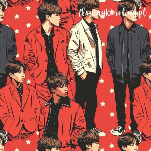 TKANINA WODOODPORNA OXFORD K-POP Chłopcy całe sylwetki na czerwonym tle i gwiazdki