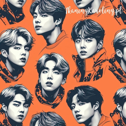 TKANINA WODOODPORNA OXFORD K-POP Chłopcy monochromatyczne twarze na pomarańczowym tle [6-8]