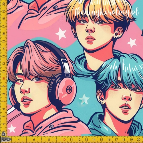 WELUR TAPICERSKI K-POP Chłopcy w słuchawkach na różu i turkusie