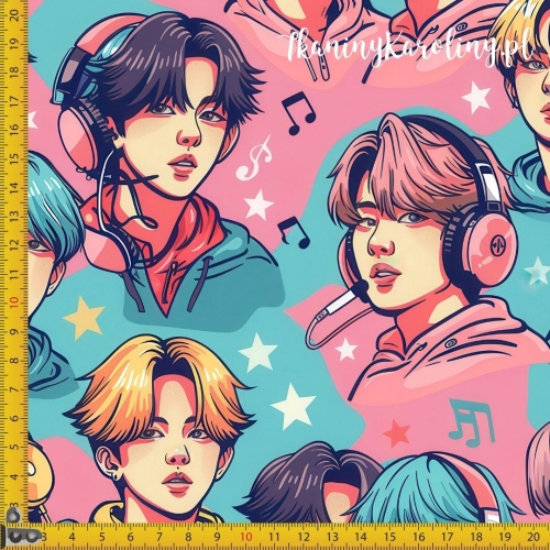TKANINA WODOODPORNA OXFORD K-POP Chłopcy w słuchawkach na różu i turkusie