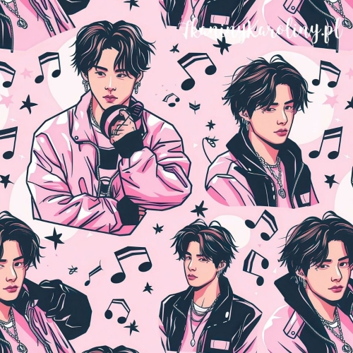 WELUR TAPICERSKI K-POP Chłopcy z nutami na jasnym różu