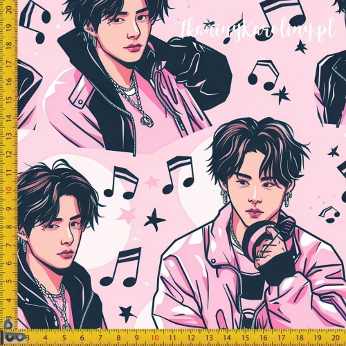 WELUR TAPICERSKI K-POP Chłopcy z nutami na jasnym różu