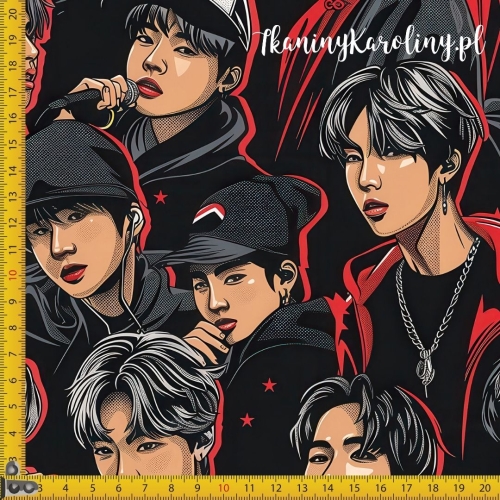 WELUR TAPICERSKI K-POP Chłopcy czarno-czerwony z gwiazdkami