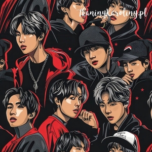 TKANINA WODOODPORNA OXFORD K-POP Chłopcy czarno-czerwony z gwiazdkami [6-8]   