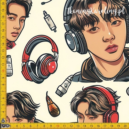 WELUR TAPICERSKI K-POP Chłopcy w słuchawkach na jasnym tle z mikrofonami