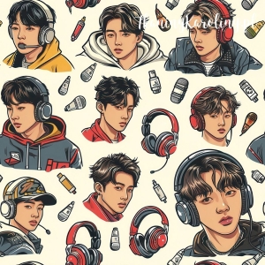 TKANINA WODOODPORNA OXFORD K-POP Chłopcy w słuchawkach na jasnym tle z mikrofonami [6-8] 