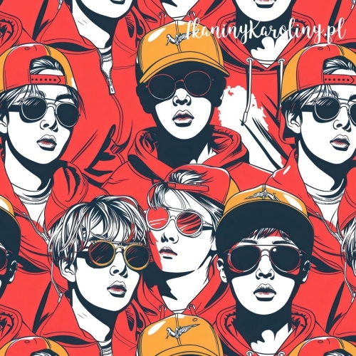 WELUR TAPICERSKI K-POP Chłopcy monochromatyczni w czapkach i okularach na czerwono-pomarańczowym tle