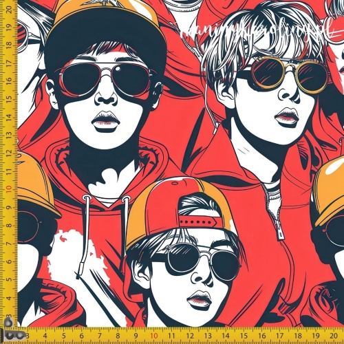SOFTSHELL WODOODPORNY K-POP Chłopcy monochromatyczni w czapkach i okularach na czerwono-pomarańczowym tle
