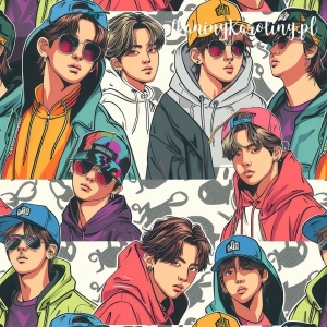 SOFTSHELL WODOODPORNY OXFORD K-POP Chłopcy w kolorowych bluzach, czapkach i okularach na jasnym tle [6-8]   