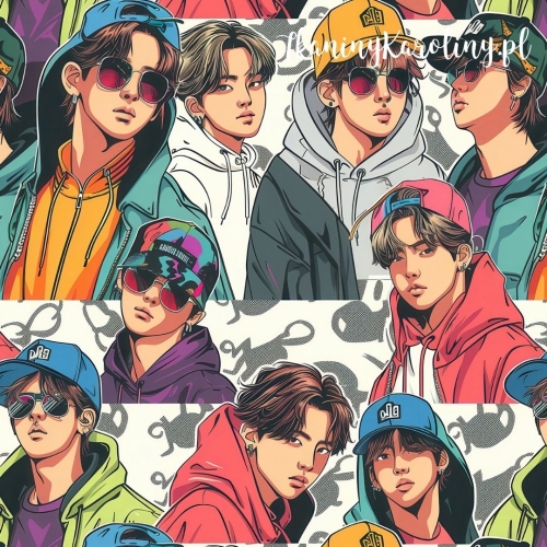 SOFTSHELL WODOODPORNY OXFORD K-POP Chłopcy w kolorowych bluzach, czapkach i okularach na jasnym tle