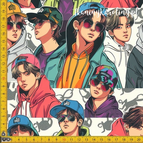 SOFTSHELL WODOODPORNY OXFORD K-POP Chłopcy w kolorowych bluzach, czapkach i okularach na jasnym tle