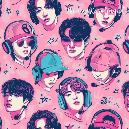 SOFTSHELL WODOODPORNY K-POP Chłopcy w słuchawkach i czapkach na różowym tle