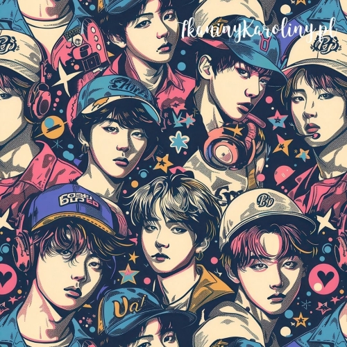 SOFTSHELL WODOODPORNY OXFORD K-POP Chłopcy w kolorowych czapkach baseballowych na ciemnym tle