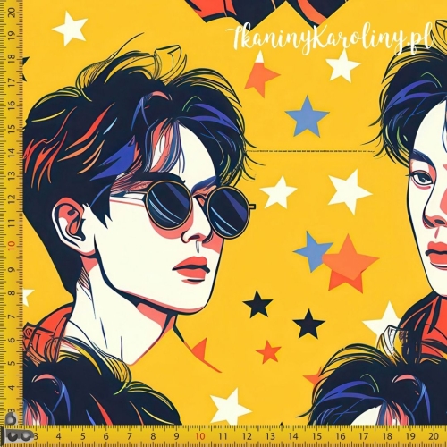 WELUR TAPICERSKI K-POP Chłopcy w okularach na żółtym tle z niebieską grzywką