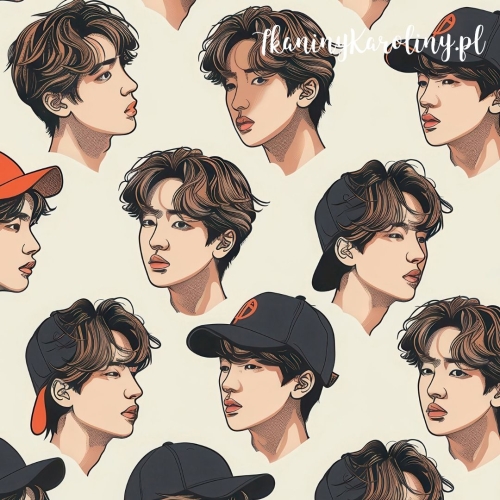 WELUR TAPICERSKI K-POP Chłopcy w czapkach czarno-czerwonych na beżowym gładkim tle