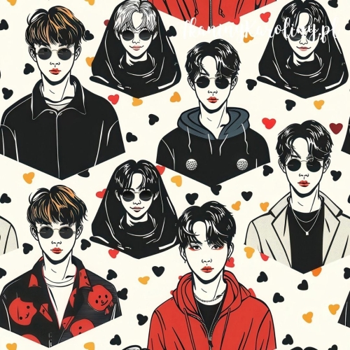 SOFTSHELL WODOODPORNY K-POP Chłopcy w okularach i w żółtych, czerwonych oraz czarnych plamach na jasnym tle