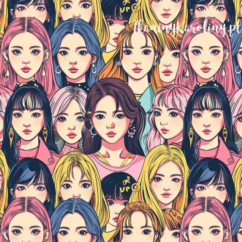 TKANINA WODOODPORNA OXFORD K-POP Dziewczyny, twarze - wielokolorowe fryzury w tłumie