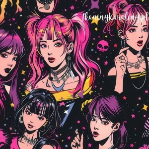WELUR TAPICERSKI K-POP Dziewczyny, kolorowe gwiazdki i różowe czaszki na ciemnym tle [6-8]