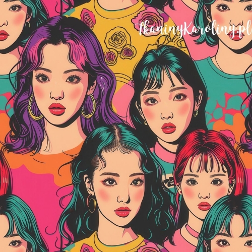 TKANINA WODOODPORNA OXFORD K-POP Dziewczyny, twarze - fioletowe, zielone i pomarańczowe fryzury w tłumie