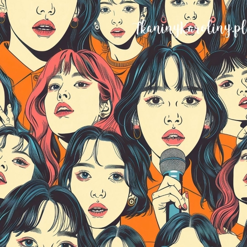 TKANINA WODOODPORNA OXFORD K-POP Dziewczyny z mikrofonami na pomarańczu