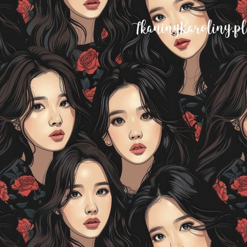 SOFTSHELL WODOODPORNY K-POP Dziewczyny, portrety w czerwonych różach na czarnym tle