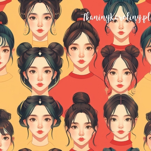 SOFTSHELL WODOODPORNY K-POP Dziewczyny w w koczkach na żółto-pomarańczowym tle