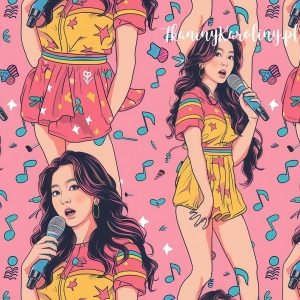 TKANINA WODOODPORNA OXFORD K-POP Dziewczyny, sylwetki z mikrofonami na różowym tle z nutami [6-8]