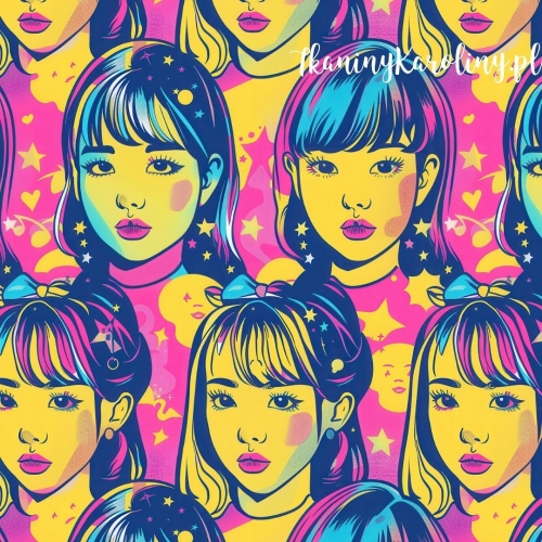 TKANINA WODOODPORNA OXFORD K-POP Dziewczyny, żółte gwiazdki, plamy i nutki na różowym tle