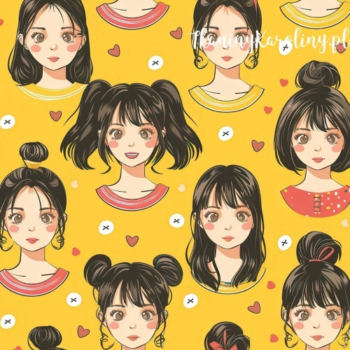 TKANINA WODOODPORNA OXFORD K-POP Dziewczyny z koczkami i kucykami na żółtym tle, serduszka