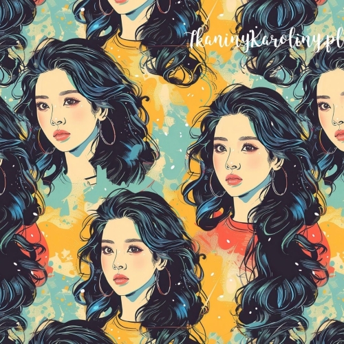TKANINA WODOODPORNA OXFORD K-POP Dziewczyny w turkusowo-miętowych i musztardowych plamach