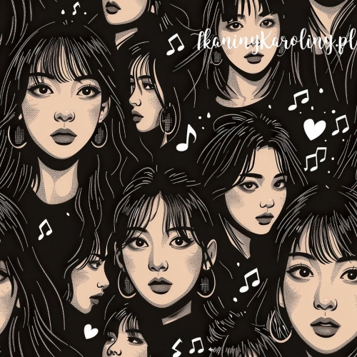 TKANINA WODOODPORNA OXFORD K-POP Dziewczyny na czarnym tle, białe nutki