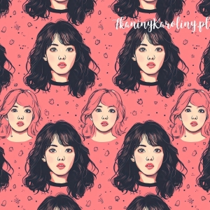 TKANINA WODOODPORNA OXFORD K-POP Dziewczyny twarze na koralowym tle [6-8] 