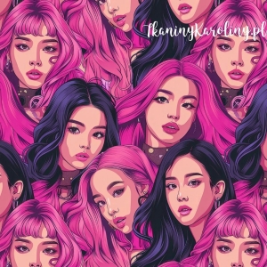 TKANINA WODOODPORNA OXFORD K-POP Dziewczyny - różowe i fioletowe włosy, w tłumie [6-8]