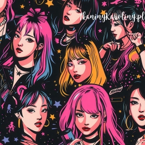 TKANINA WODOODPORNA OXFORD K-POP Dziewczyny, różowo-niebieskie i żółte włosy z gwiazdkami na czarnym tle [6-8]