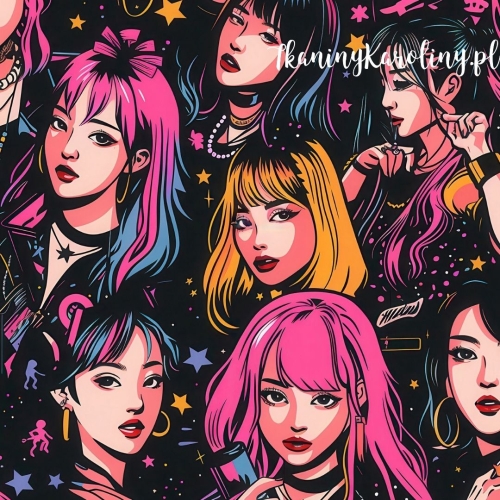 TKANINA WODOODPORNA OXFORD K-POP Dziewczyny, różowo-niebieskie i żółte włosy z gwiazdkami na czarnym tle