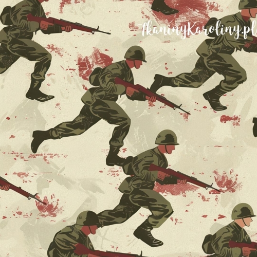 WELUR TAPICERSKI Wojskowy - żołnierze z brązowymi karabinami, czerwone rozpryski