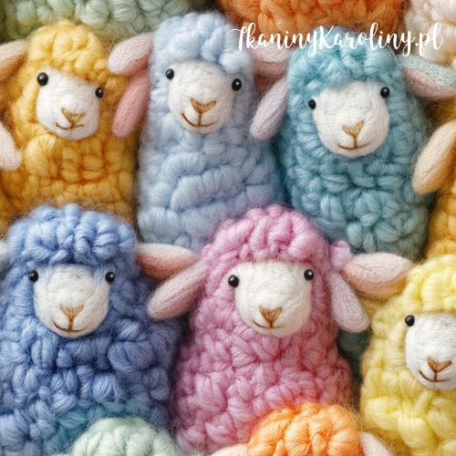TKANINA WODOODPORNA OXFORD Włóczkowe owieczki - kolorowe z sercem na nosie [6-8] 