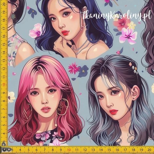 TKANINA WODOODPORNA OXFORD K-POP Dziewczyny, portrety w kwiatach ciemniejszym tle