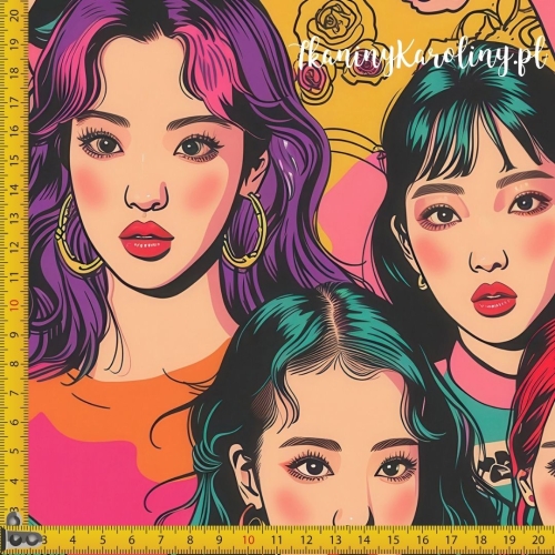 WELUR TAPICERSKI K-POP Dziewczyny, twarze - fioletowe, zielone i pomarańczowe fryzury w tłumie